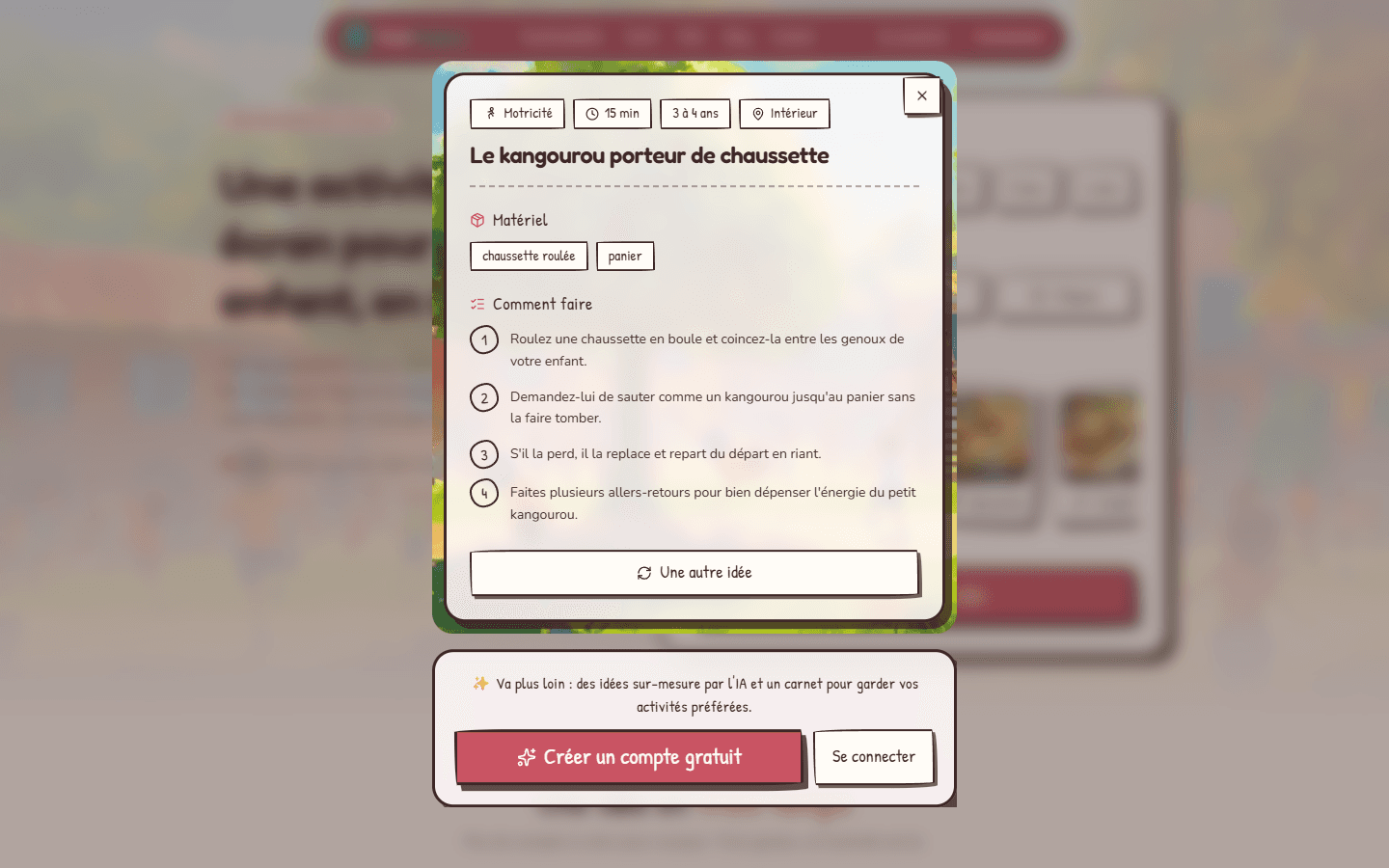 Activité générée avec matériel et étapes